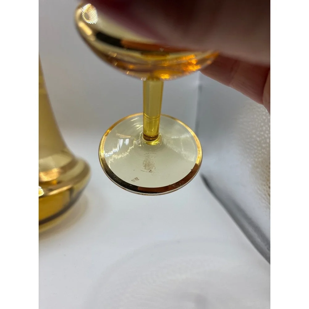 Vintage Amber Glass Decanter Set with 2 Cordial Glasses Gold Band Mid Century